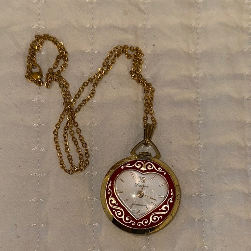 Lucerne Gold and Red Heart Pendant Necklace Watch Swiss Movement Dainty Chain